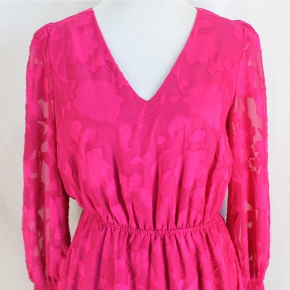 Evereve Penelope Dress Womens Size M Pink V Neck Long Sheer Sleeve Elastic Waist - Picture 2 of 7